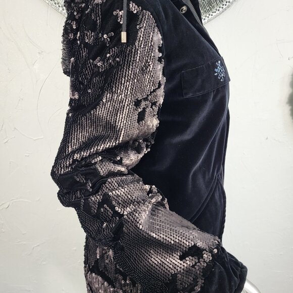 NWT~$2590~MR & MRS ITALY~S/M~BLACK VELVET SEQUIN HOODED PARKA COAT NO FUR - Picture 9 of 16